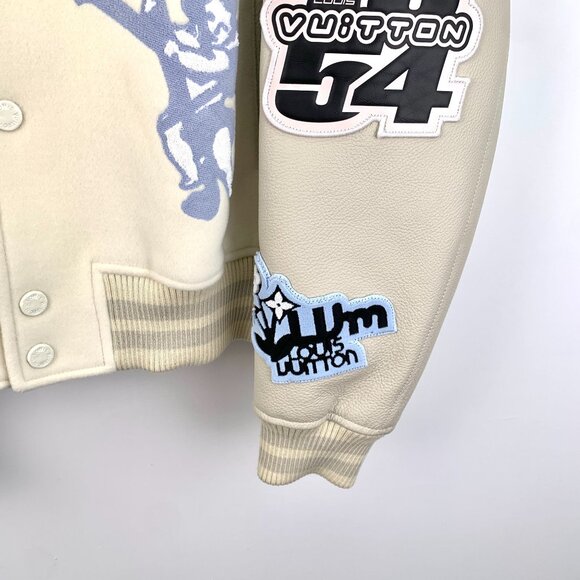 Louis Vuitton Beige Leather Baseball Jacket Logo Decorated Lapel Single-Breasted - Picture 6 of 8